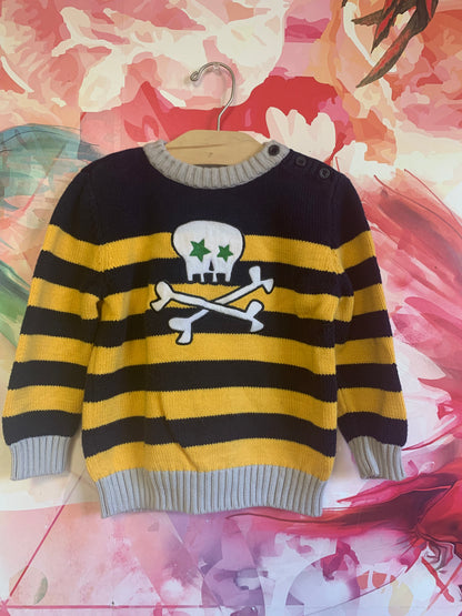 Hanna Andersson blue/yellow stripe crewneck sweater with skull & crossbones. Size 4