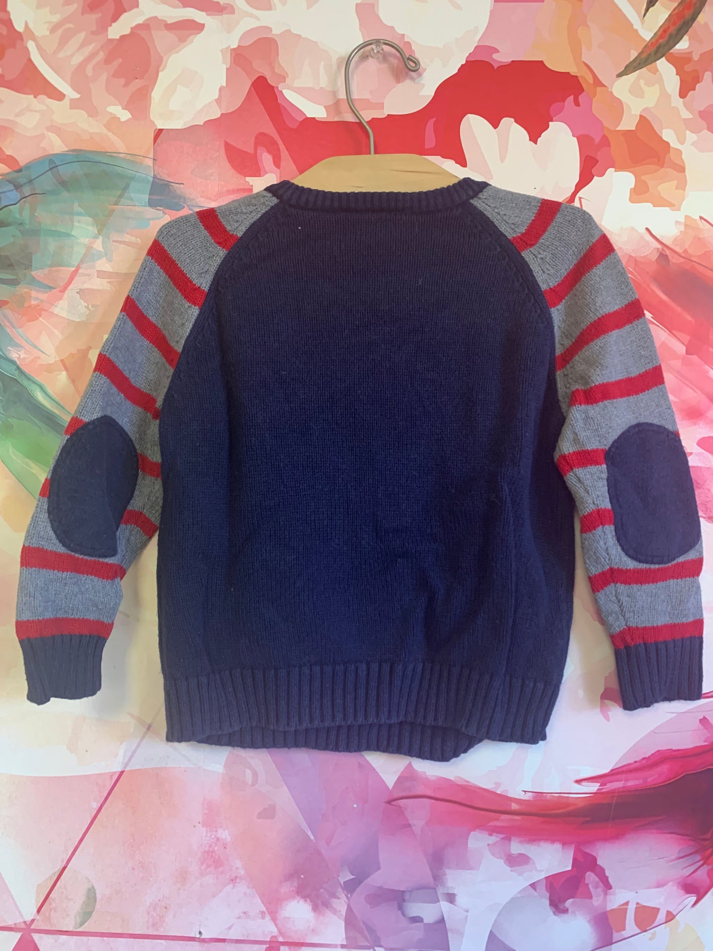 Hanna Andersson blue crewneck sweater with green dragon blowing fire. Red & grey stripe sleeves and blue elbow patches. Size 3T