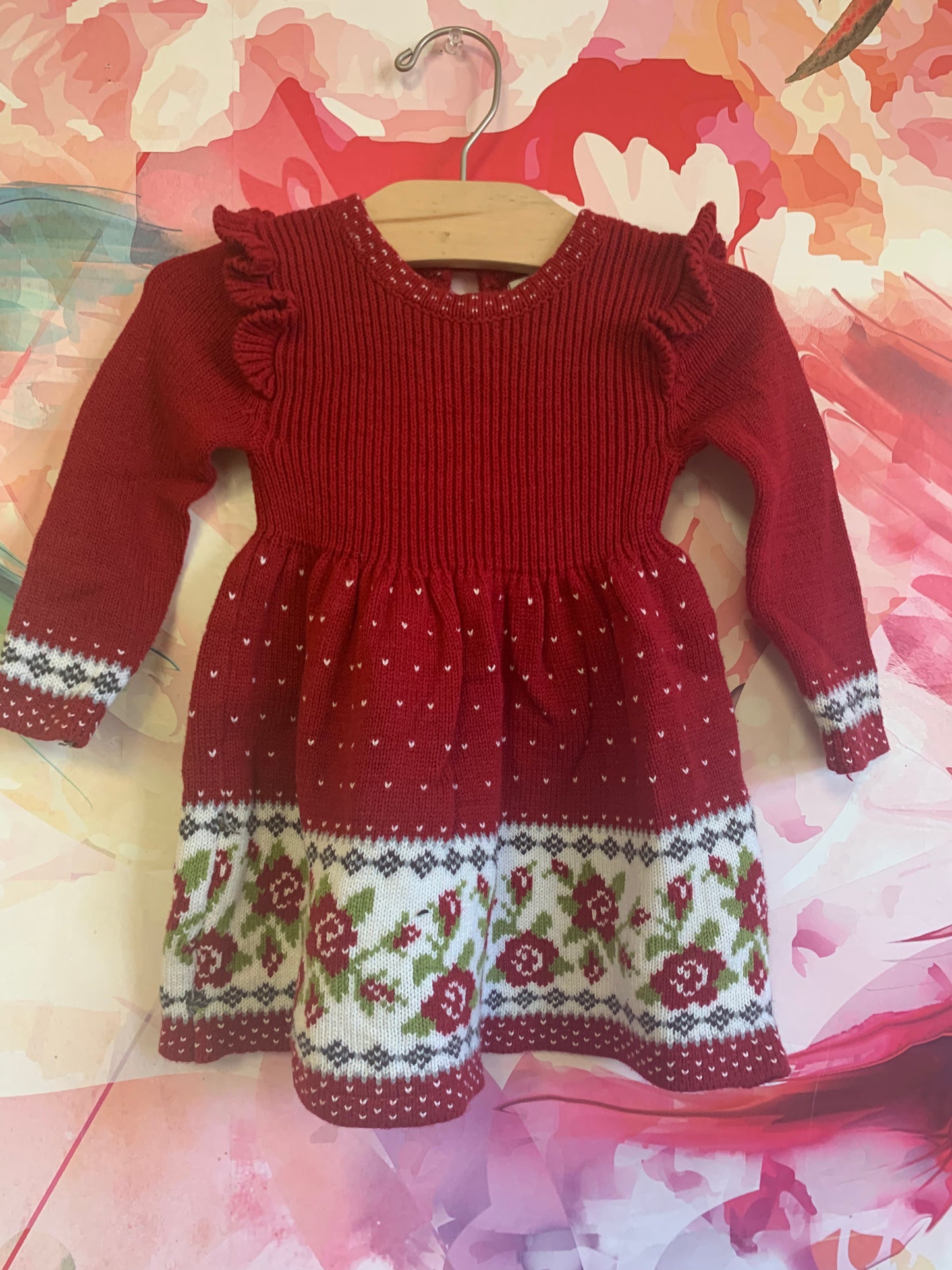 Max Studio Baby red knit dress with tiny white hearts & roses. Ruffles on shoulders & pearl button closure on back. Size 6-9m