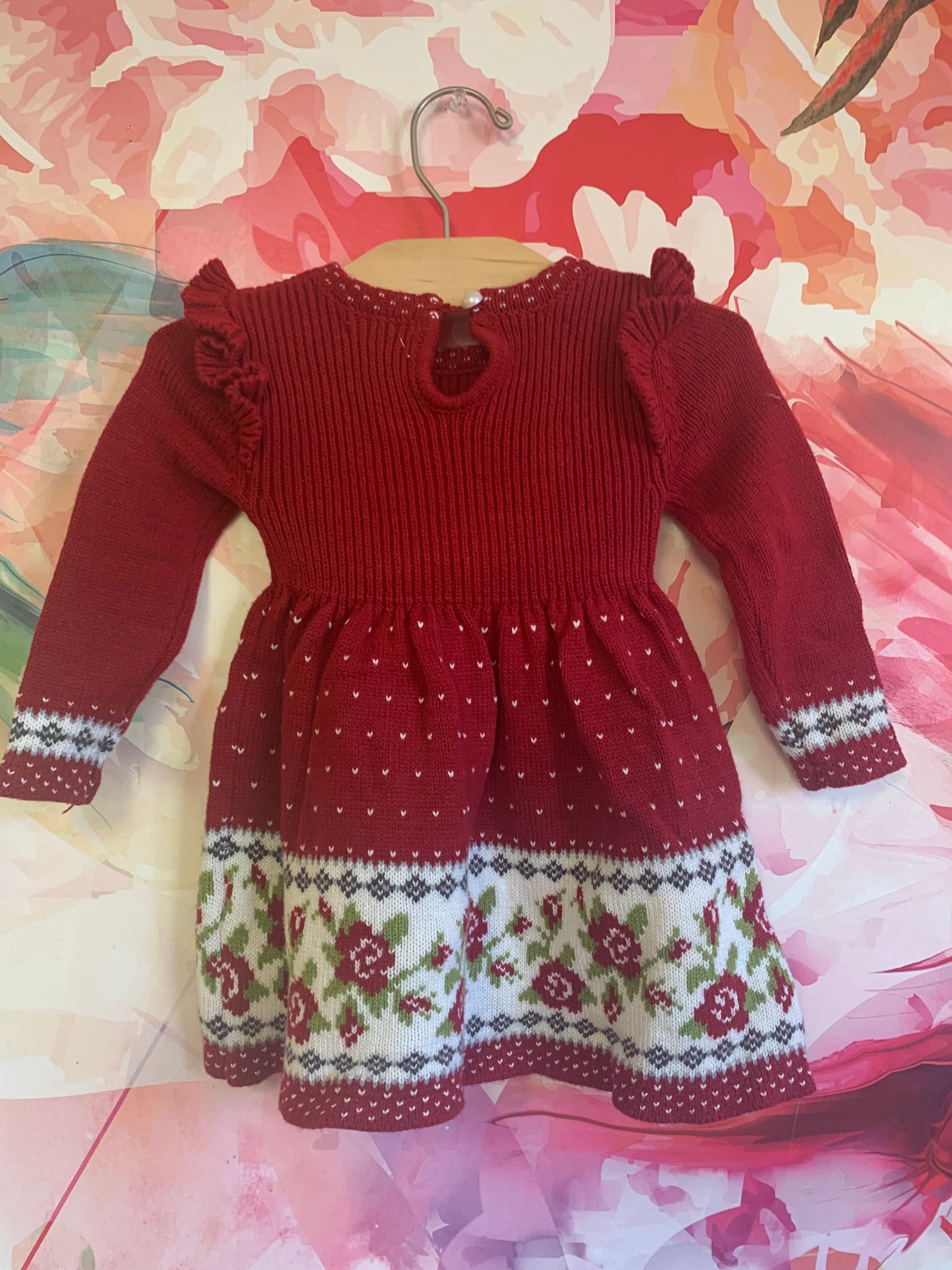 Max Studio Baby red knit dress with tiny white hearts & roses. Ruffles on shoulders & pearl button closure on back. Size 6-9m