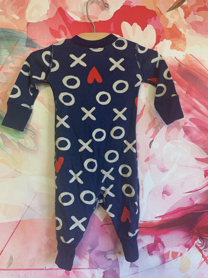 Hanna Andersson blue long sleeve romper with tic tac toe & red hearts. Size 3-6m