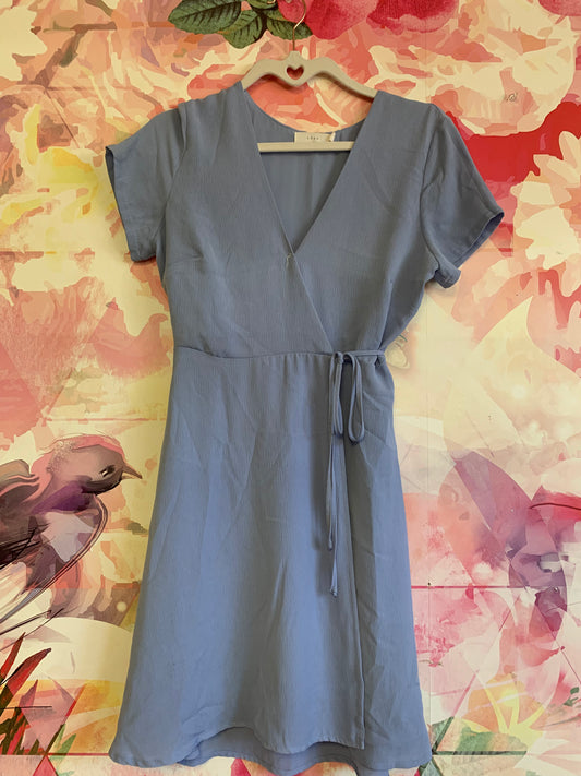 Lush light blue shirt sleeve lined summery wrap dress. Size Small.