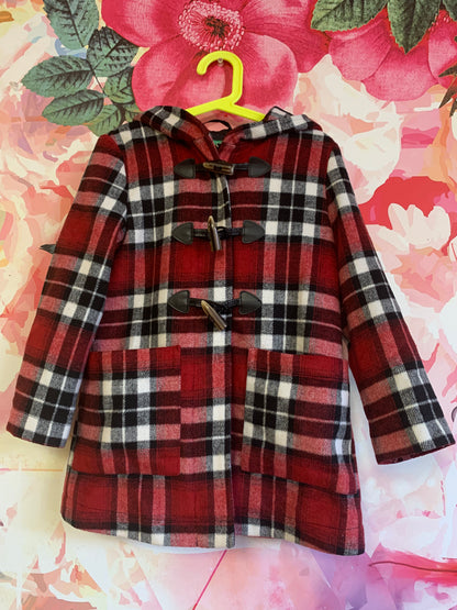 United Colors of Benetton red, black, white plaid hooded jacket. Zipper & toggle closure. Size 6/7.