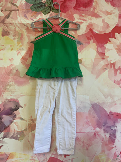 Janie & Jack white jeans & green top with pink stripe & flower. Size 2T.