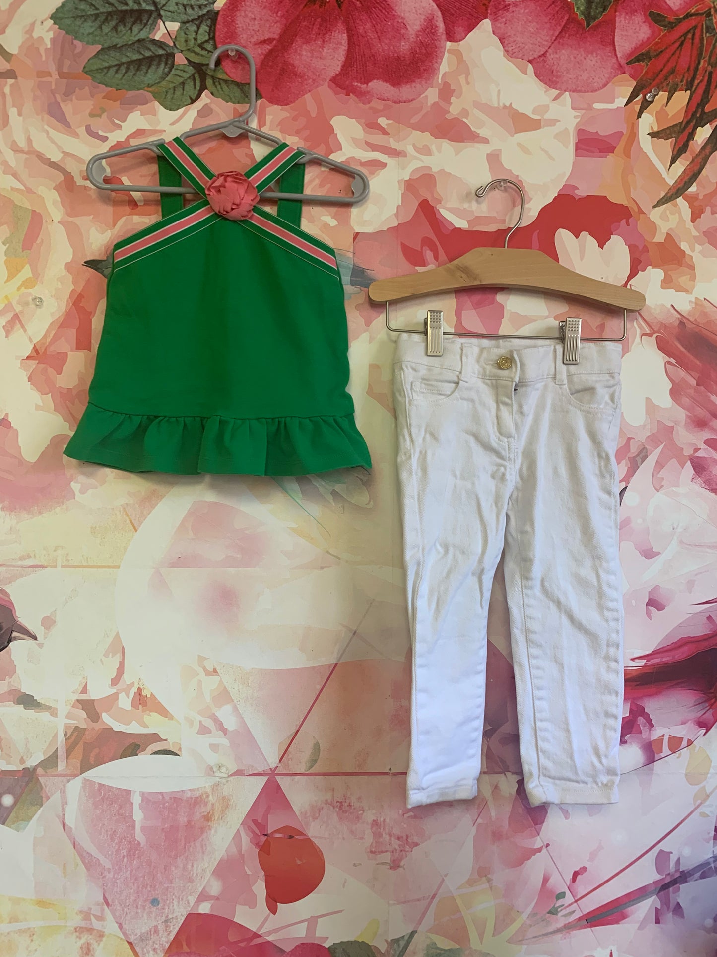 Janie & Jack white jeans & green top with pink stripe & flower. Size 2T.