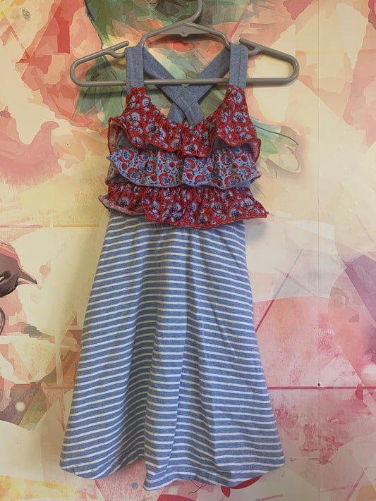 Jona Michelle blue/white stripe dress with red & blue floral detail. Size 3