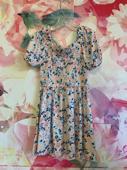 BCBG GIRLS pink, cream, blue flower short sleeve dress. Size 5/6