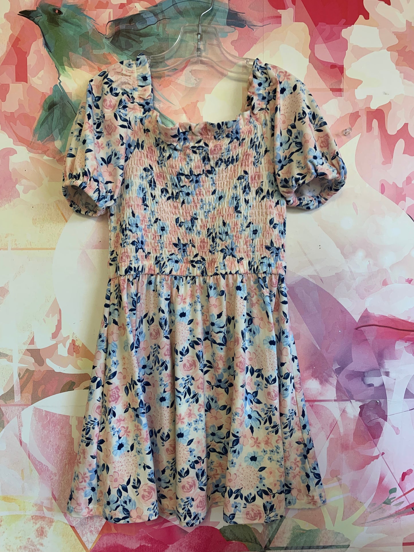 BCBG GIRLS pink, cream, blue flower short sleeve dress. Size 5/6