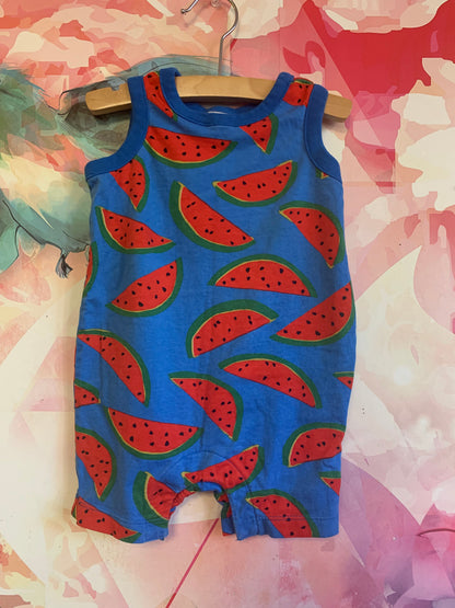 Hanna Andersson blue romper with red and green watermelons. Size 12-18m