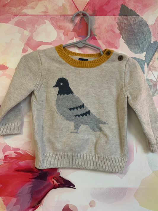 Baby Gap beige knit crewneck with yellow neck and pigeon. Size 6-12m