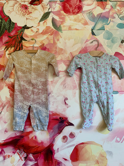 Bundle! Kissy Kissy long sleeve zip up light blue romper with pink and green flowers. P.J. Salvage ombré dotted snap romper. Both size 3-6m