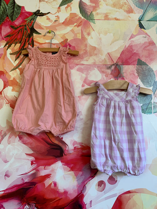 Baby Gap summer rompers. Peach with eyelet stitching on top and purple/white checkers. Both size 3-6m