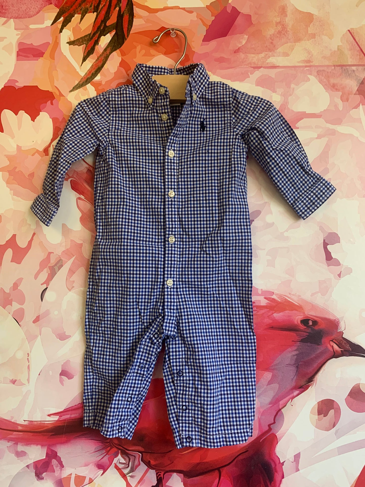 Ralph Lauren blue and white checkered long sleeve collared romper. Buttons & snaps. Size 6m