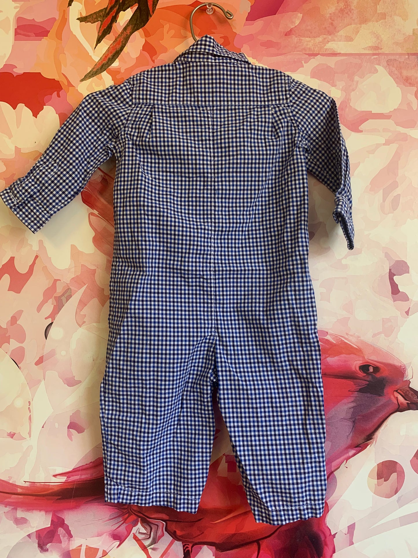 Ralph Lauren blue and white checkered long sleeve collared romper. Buttons & snaps. Size 6m