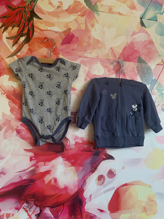 Disney Baby grey onesie with blue Mickey Mouse & Blue zip up hoodie with ears. Size 6-9m