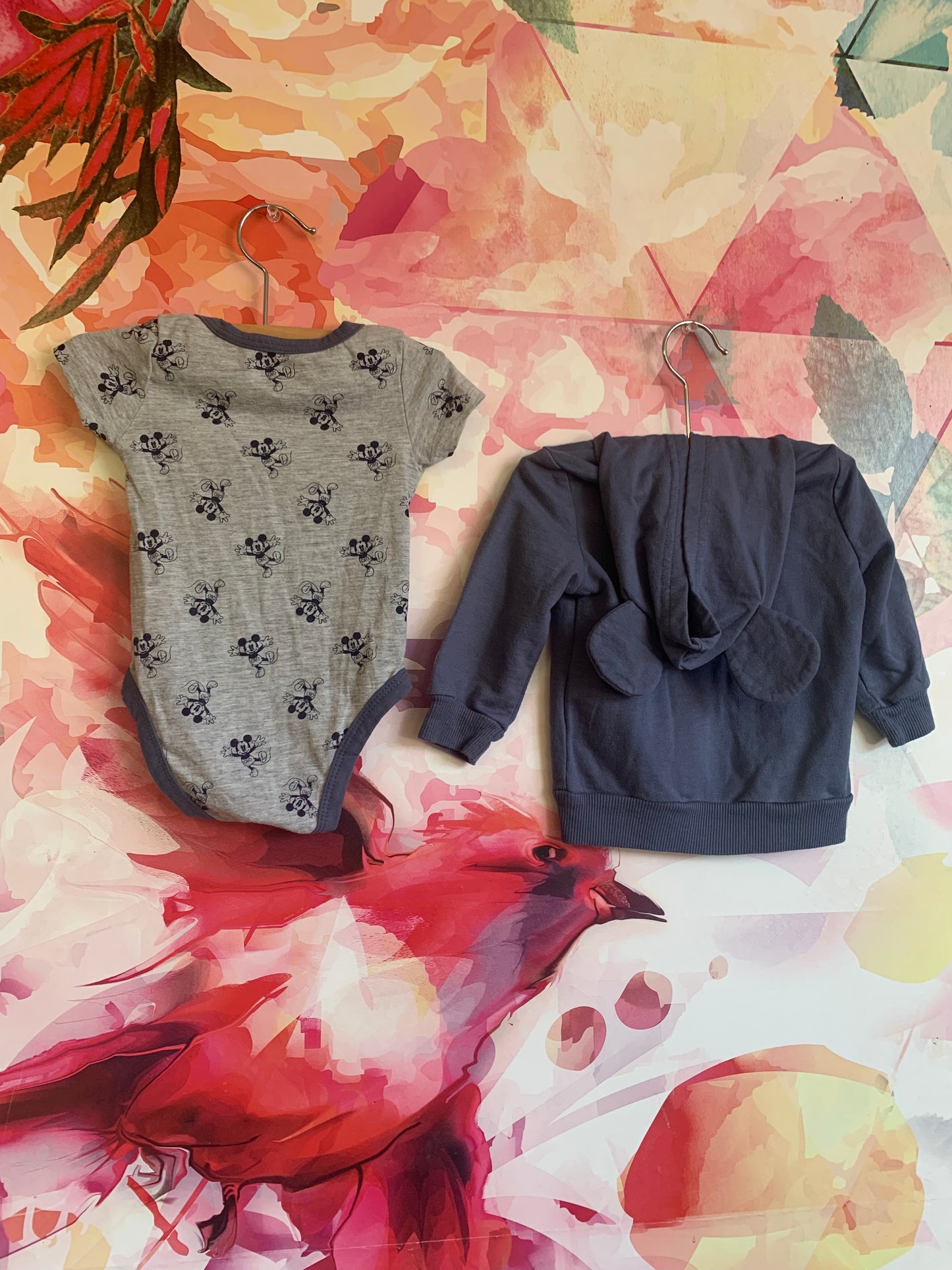 Disney Baby grey onesie with blue Mickey Mouse & Blue zip up hoodie with ears. Size 6-9m