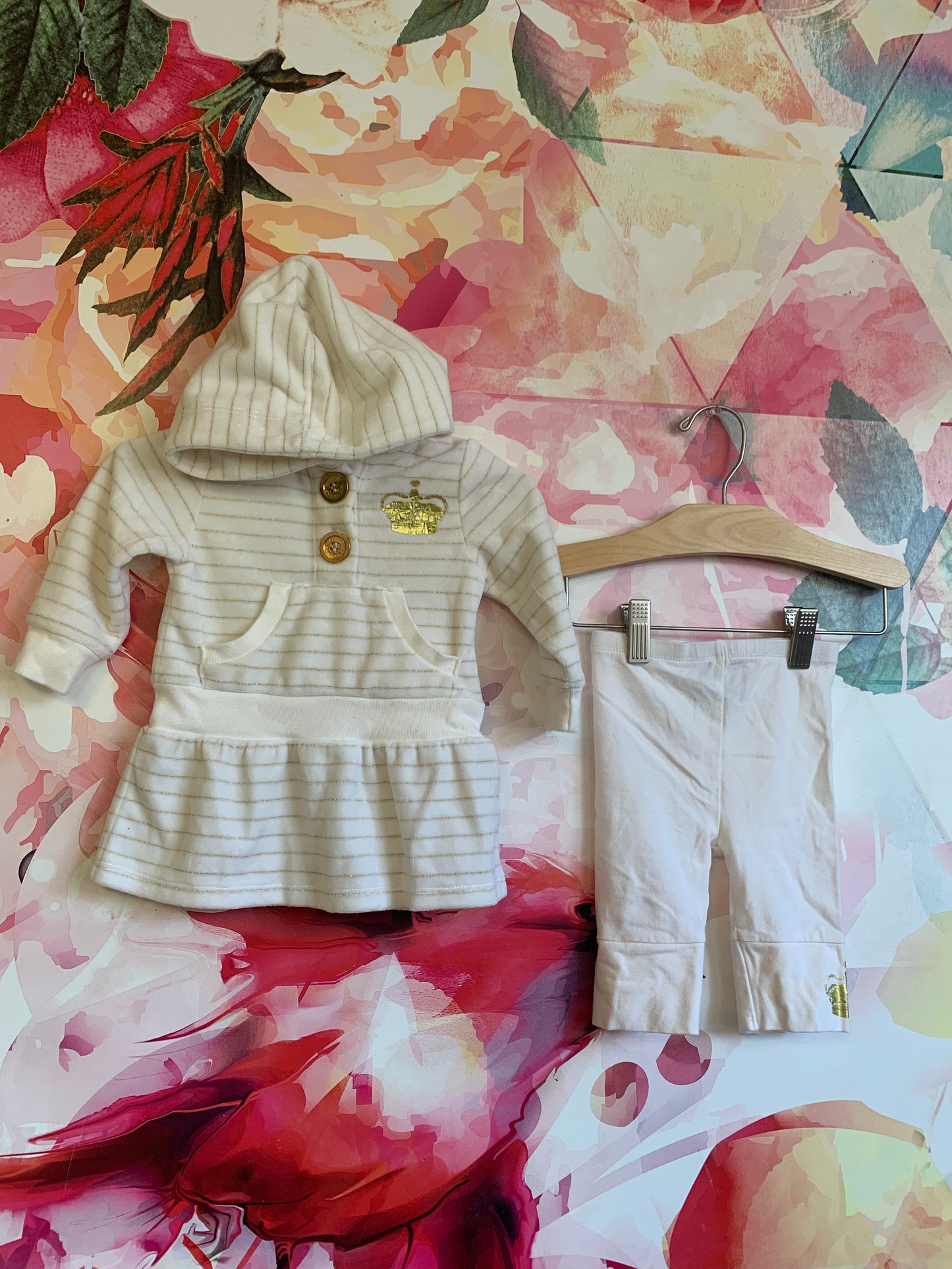 Juicy Couture two piece outfit. Velour long sleeve cream & gold stripe hooded dress. Kangaroo pocket. Cream leggings. Size 3-6m