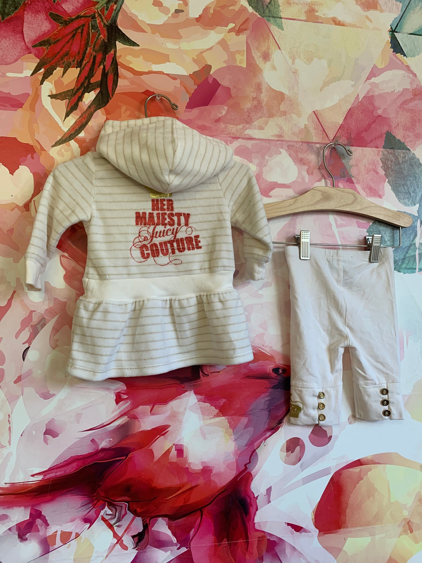 Juicy Couture two piece outfit. Velour long sleeve cream & gold stripe hooded dress. Kangaroo pocket. Cream leggings. Size 3-6m