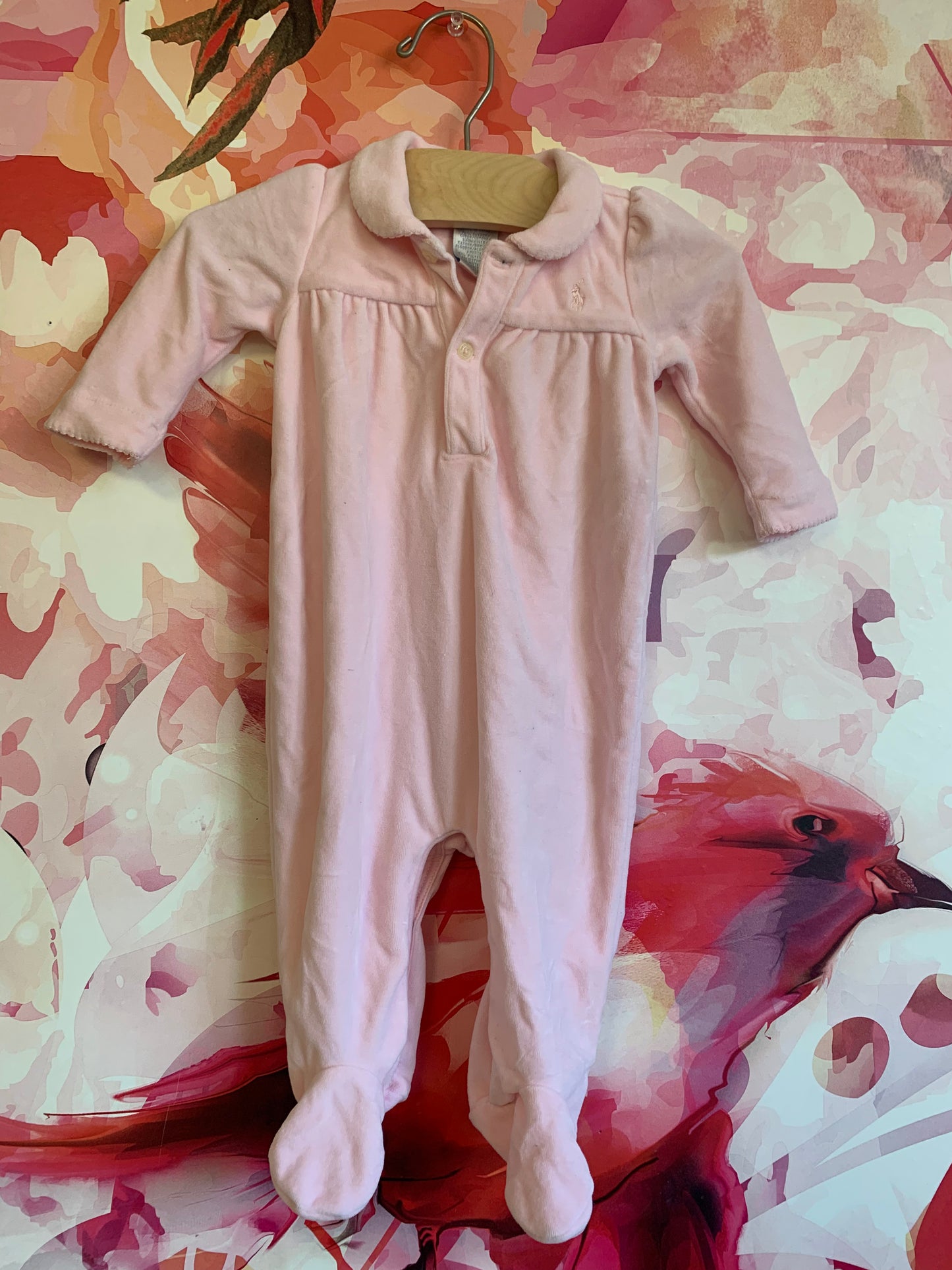 Ralph Lauren pink velour footed romper. Size 6 m