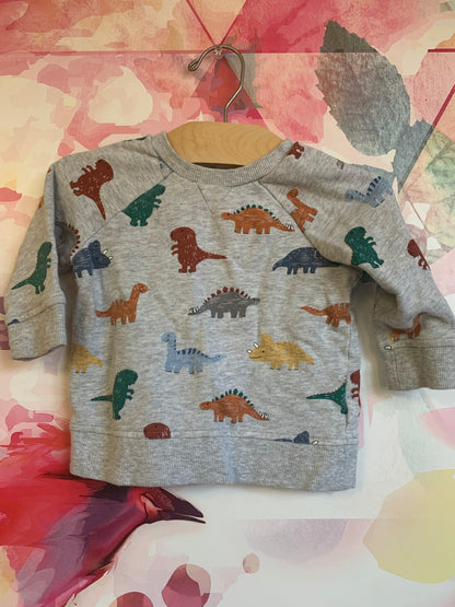 H&M grey sweatshirt with colorful dinosaurs. Snap closure on back. Size 6-9m.