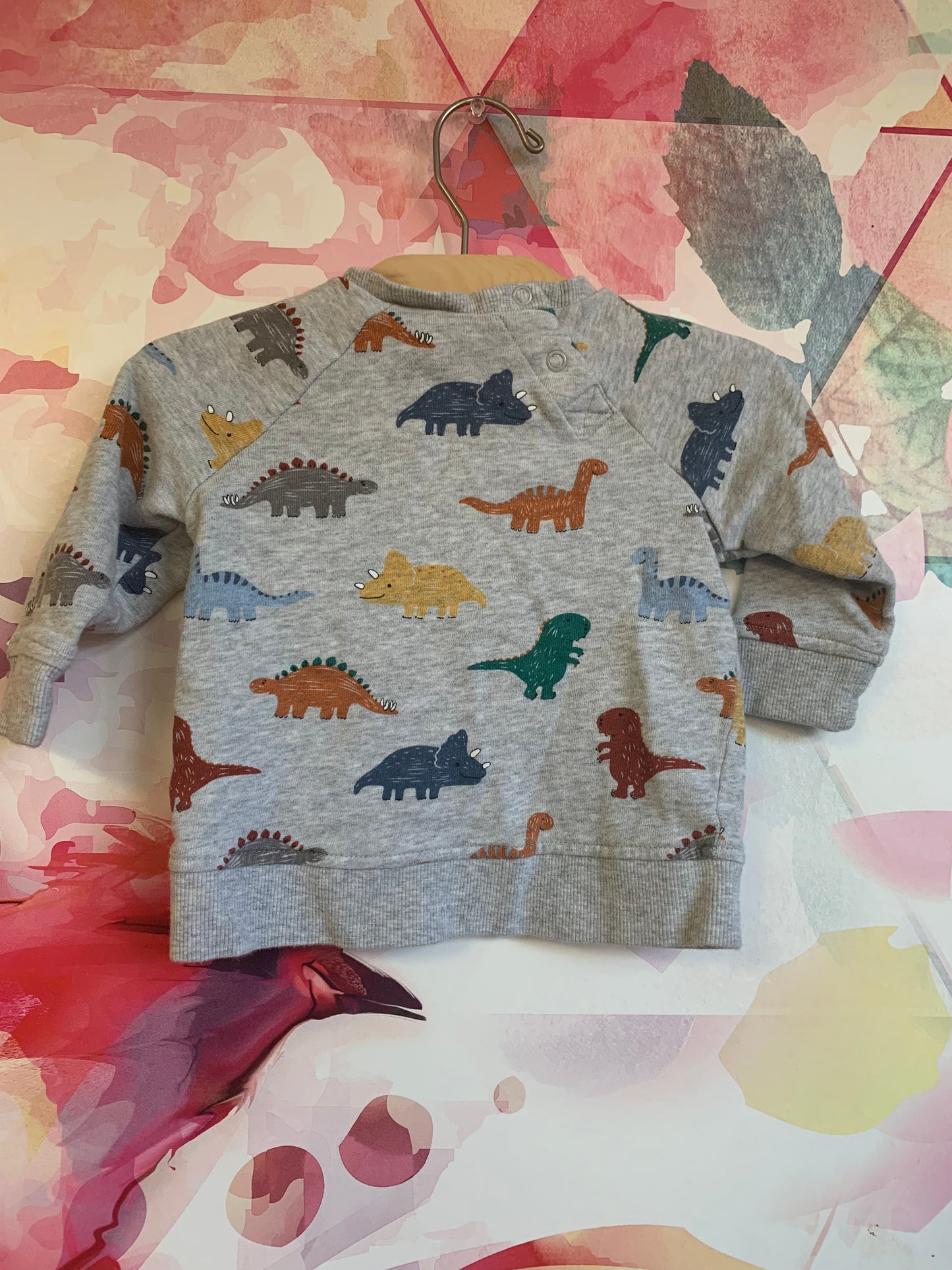 H&M grey sweatshirt with colorful dinosaurs. Snap closure on back. Size 6-9m.