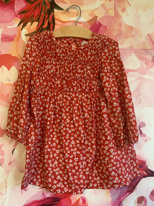 Zara red dress with tiny white/blue flowers. Size 3/4