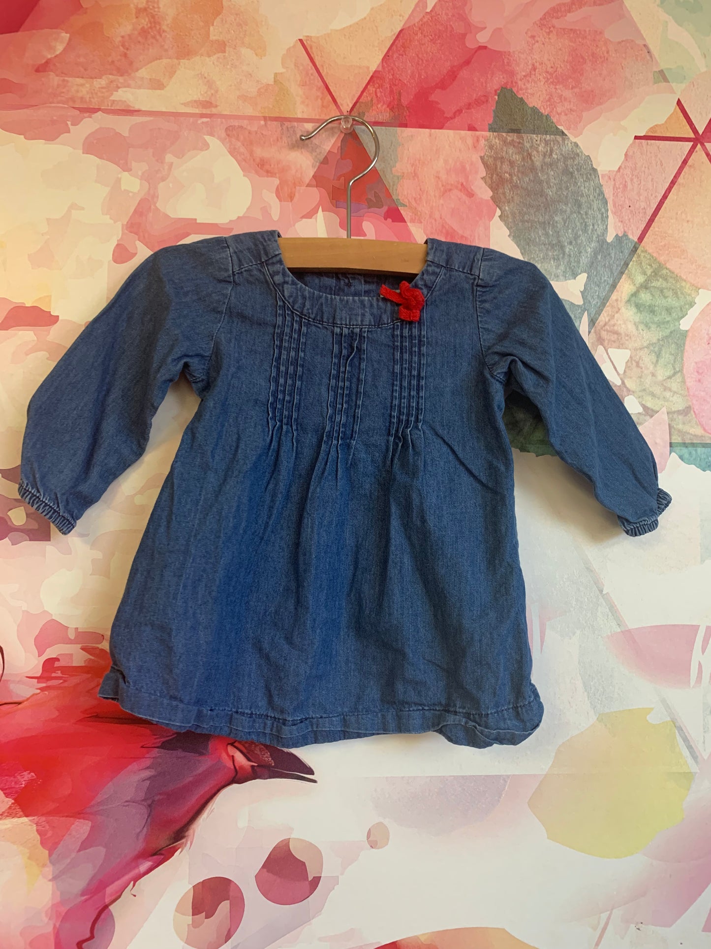 Baby Gap blue denim dress with tiny red bow. Size 3-6m