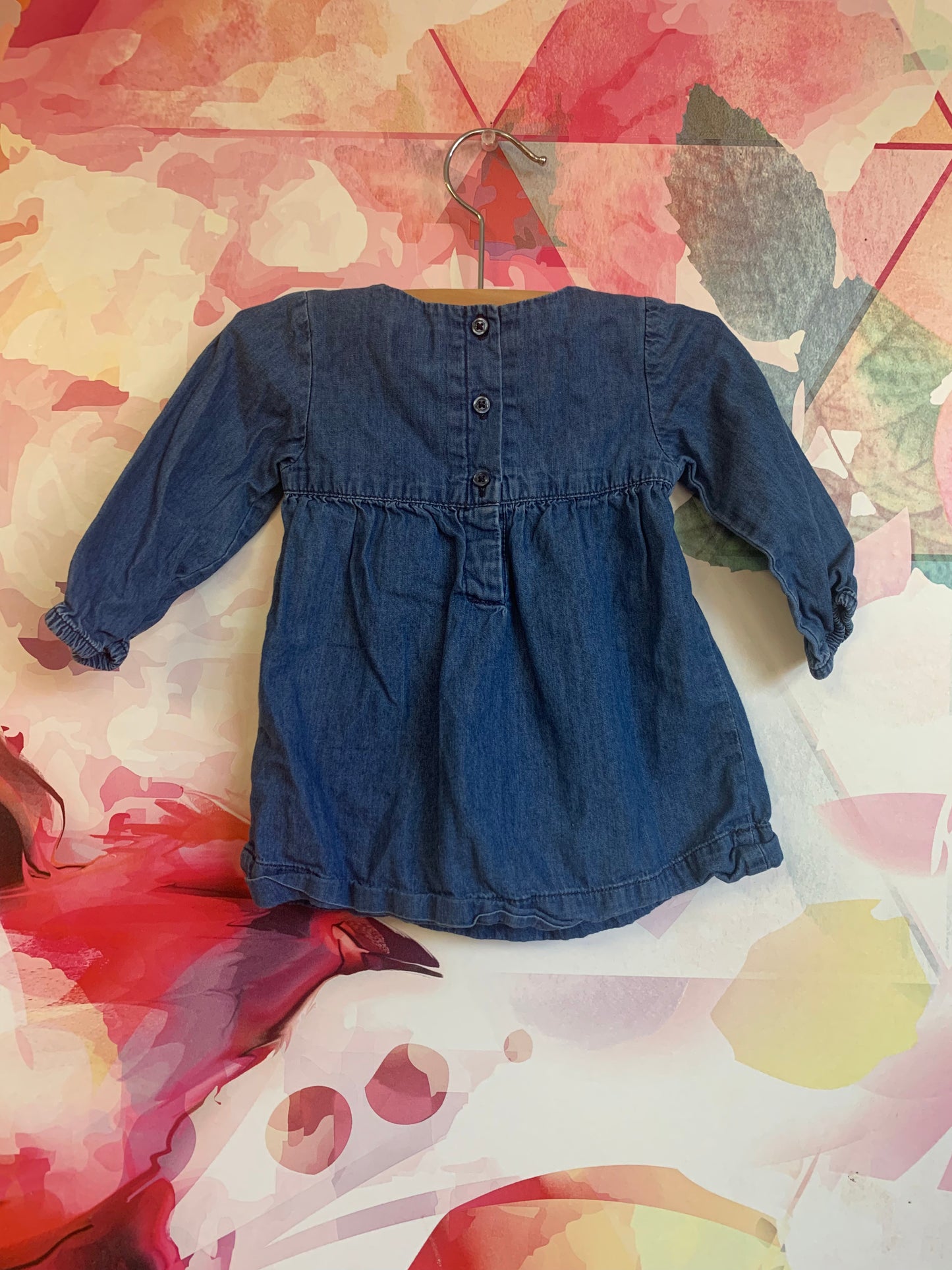 Baby Gap blue denim dress with tiny red bow. Size 3-6m