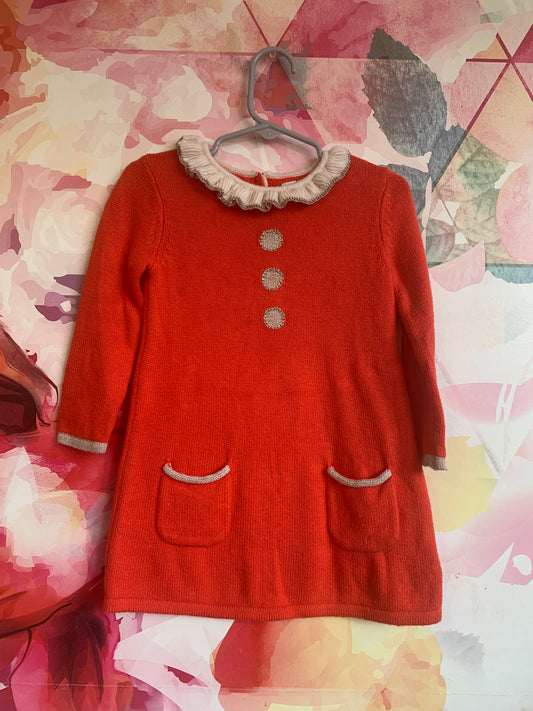 Baby Boden red knit holiday dress with white ruffle collar and white/gold faux buttons & front pockets. Size 6-12m