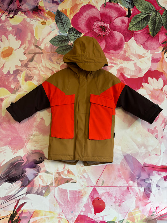 Gosoaky beige, brown and orange coat with hood. Fleece lined. Size 3/4.