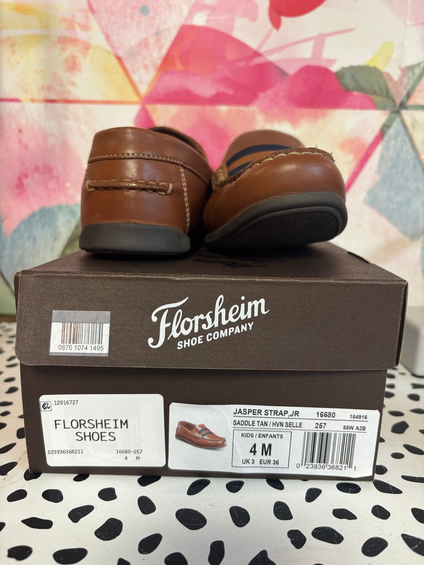 Florsheim shoes. New in box. Saddle Tan Jasperson Strap loafers. Size 4M.