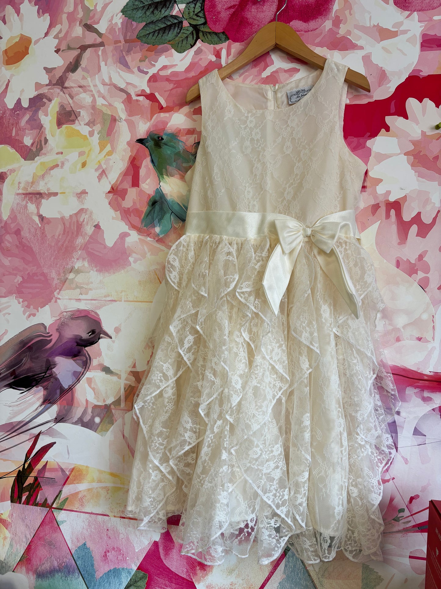 Mia Juliana cream lace sleeveless dress with waist bow. Size 16