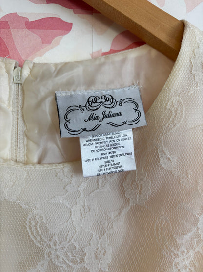 Mia Juliana cream lace sleeveless dress with waist bow. Size 16