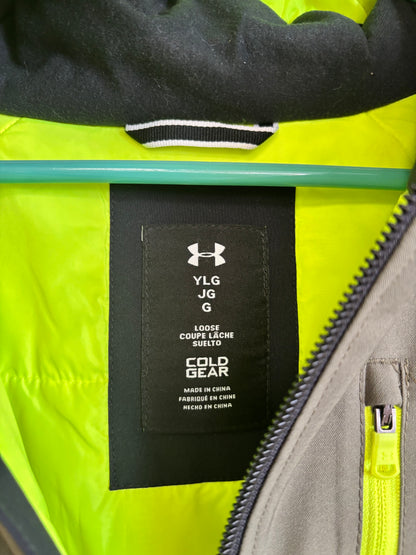 Under Armour Cold Gear green, black, neon yellow jacket with hood. Size 14-16 YLG.