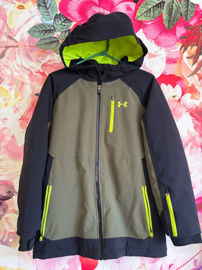 Under Armour Cold Gear green, black, neon yellow jacket with hood. Size 14-16 YLG.