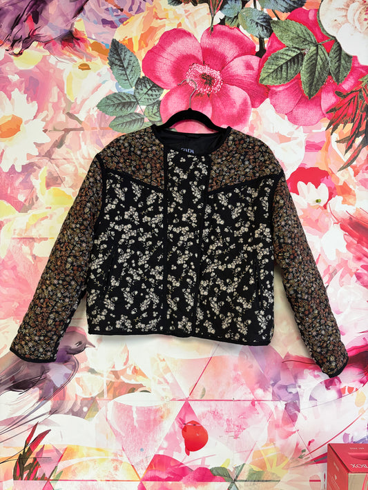 Zara black quilted jacket with brown, cream, white flowers. Snap closure. Size 13 / Size 14