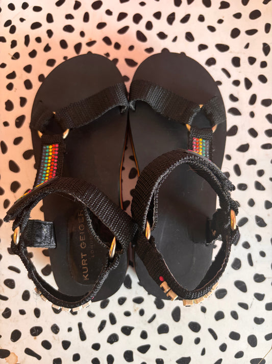 Kurt Geiger black platform sandals with BE KIND friendship beads on heel Velcro strap. Size 4B.