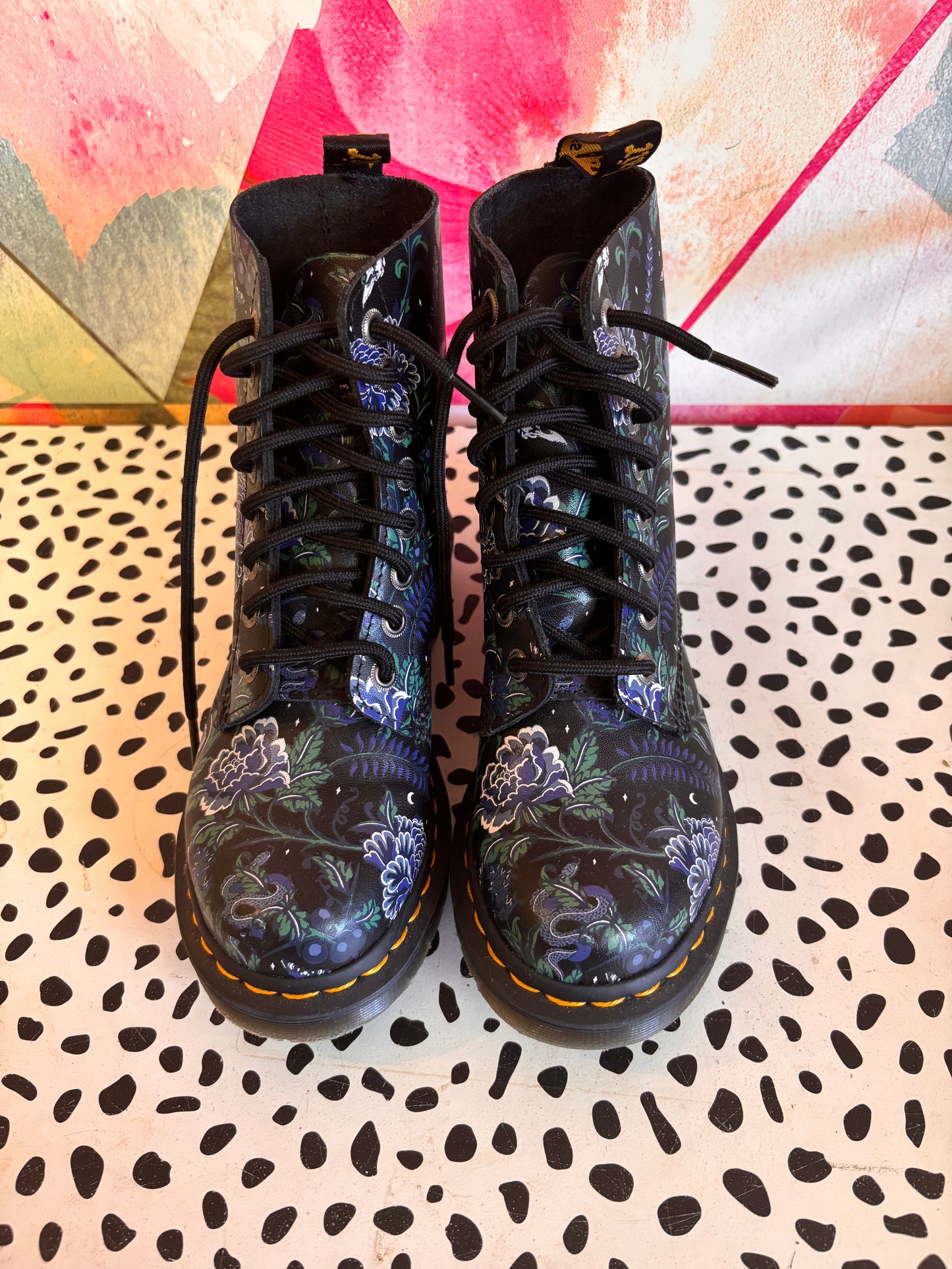 Doc Martens Blue Floral Lace Up Boots. Size 5B.