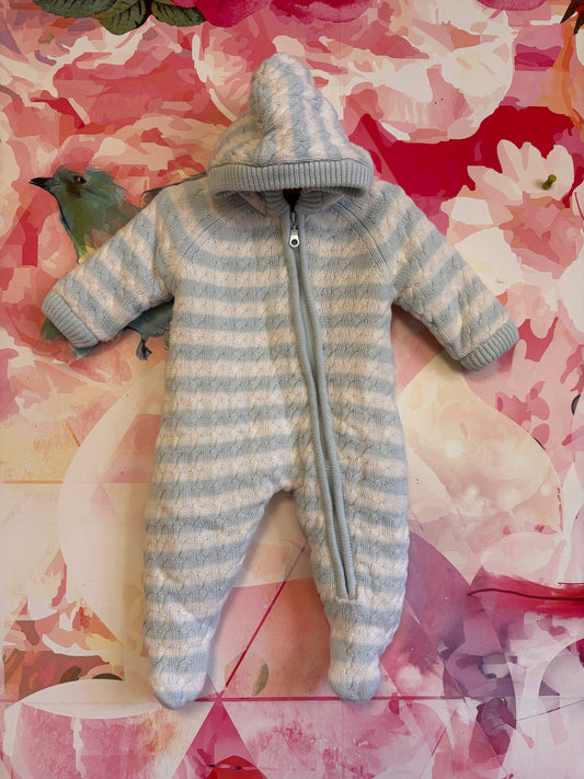 Angel Dear light blue and white knit sweater romper with hood, fleece lining. Size 0-3m NB