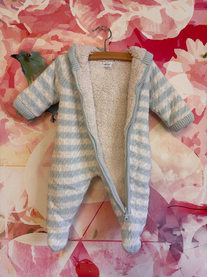 Angel Dear light blue and white knit sweater romper with hood, fleece lining. Size 0-3m NB
