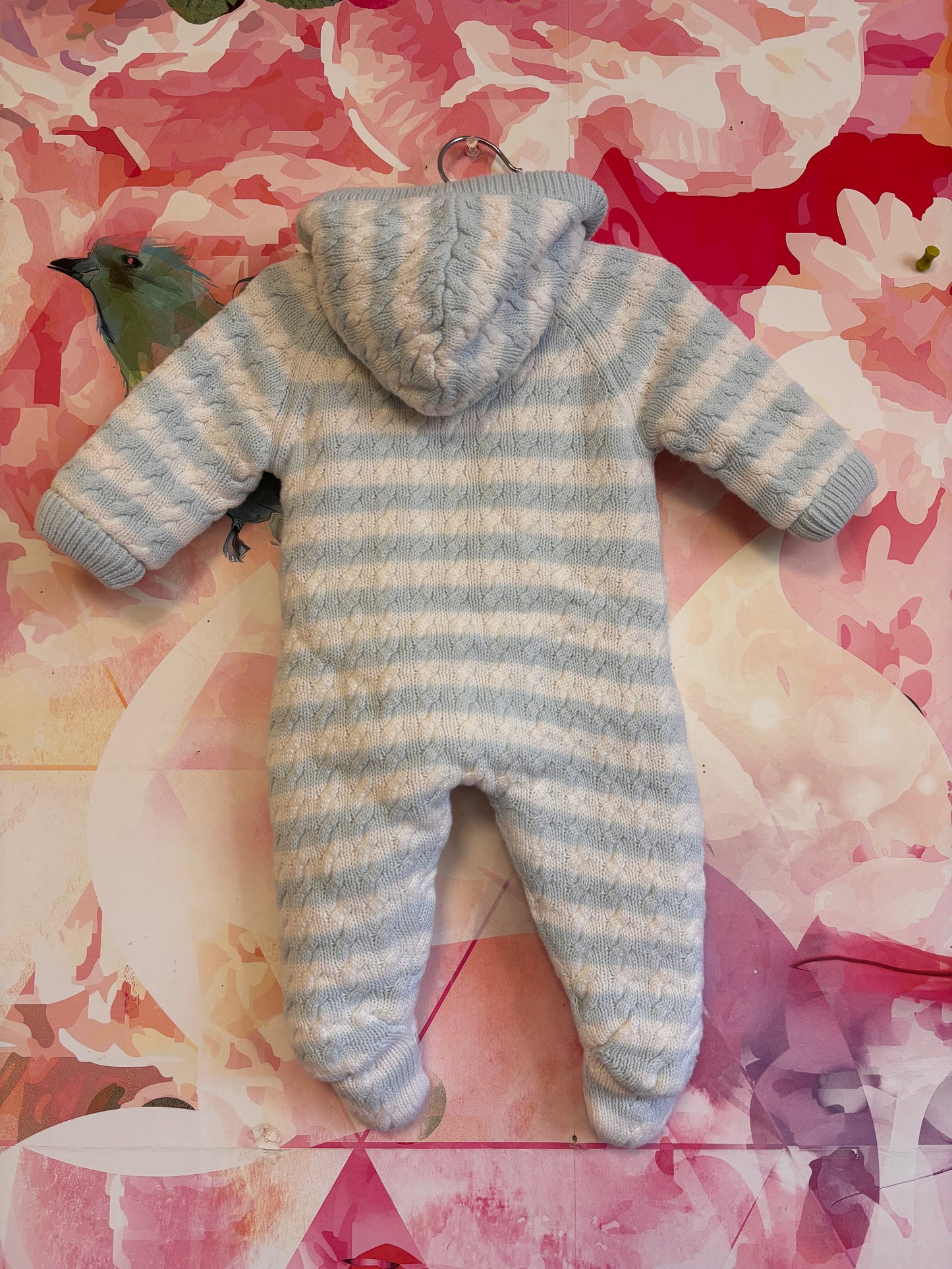 Angel Dear light blue and white knit sweater romper with hood, fleece lining. Size 0-3m NB