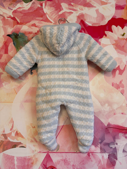 Angel Dear light blue and white knit sweater romper with hood, fleece lining. Size 0-3m NB
