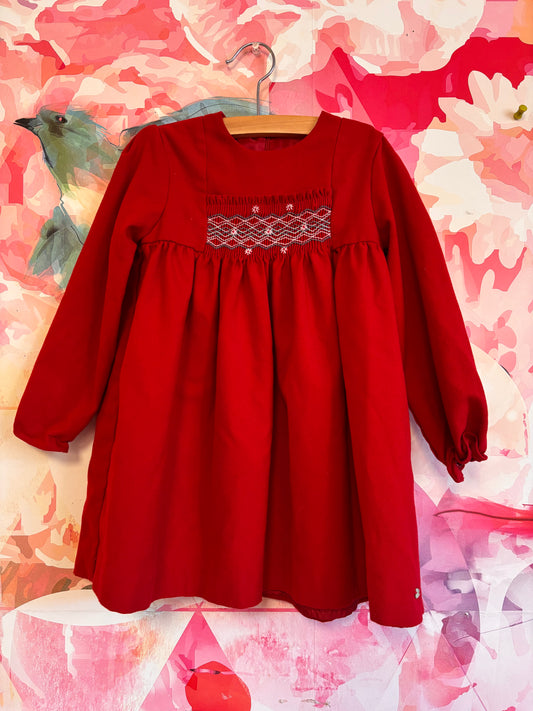Tartine et Chocolat red long sleeve dress with white/grey stitching on bodice. Fully lined. Size 4T