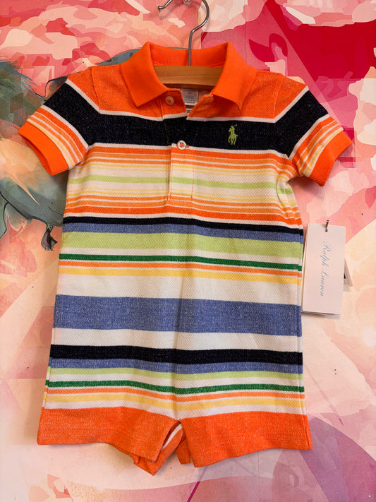 Ralph Lauren Collared Striped Romper. Orange, Blue, Green & Yellow. New With Tags. Size 3m-6m.