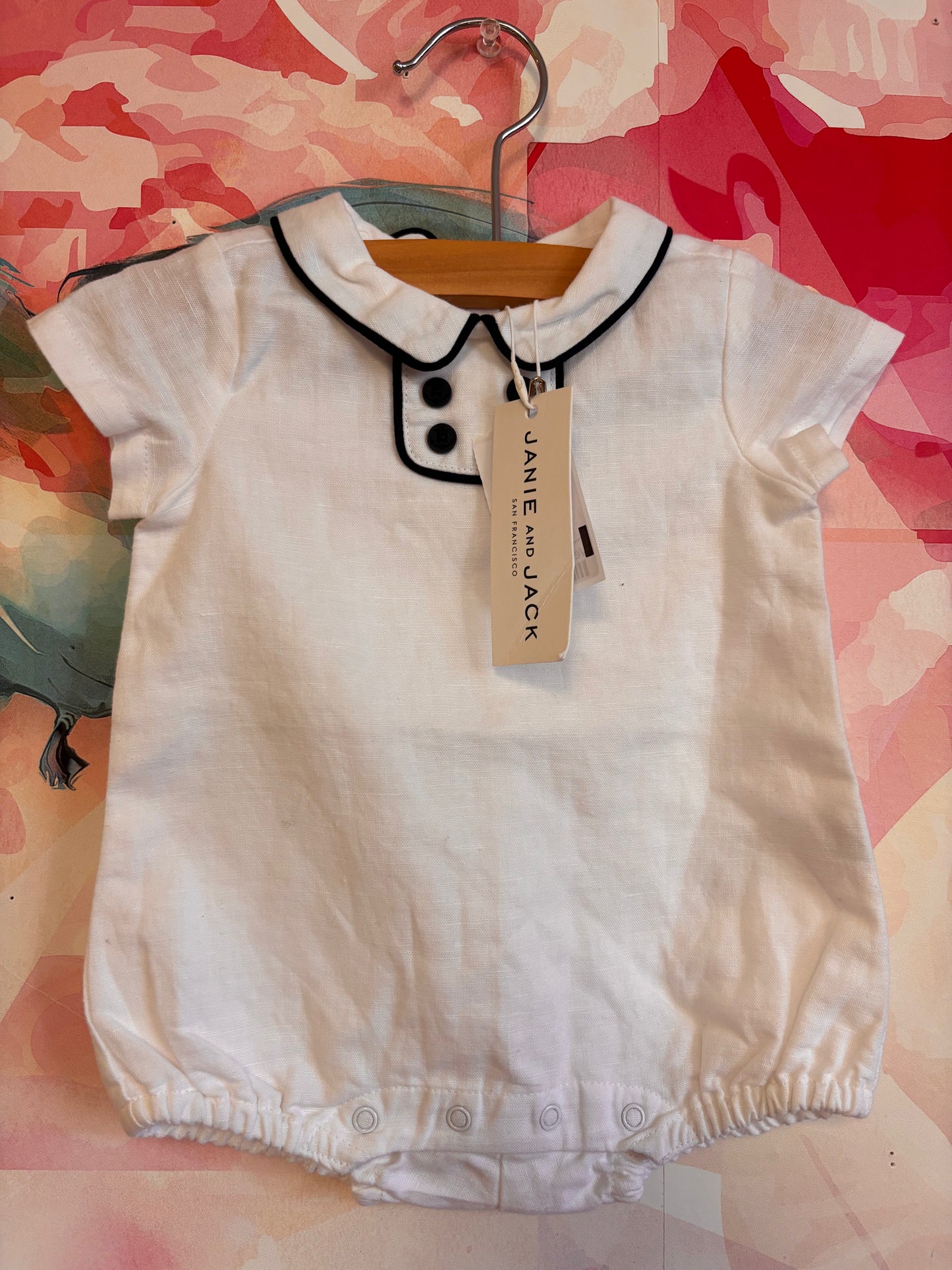 Janie & Jack White Short Sleeve Romper. Blue Piping & Buttons. New With Tags. Size 0-3m.