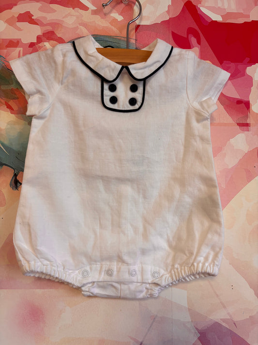 Janie & Jack white short sleeve romper with blue piping & buttons. NEW WITH TAGS. size 0-3m NB