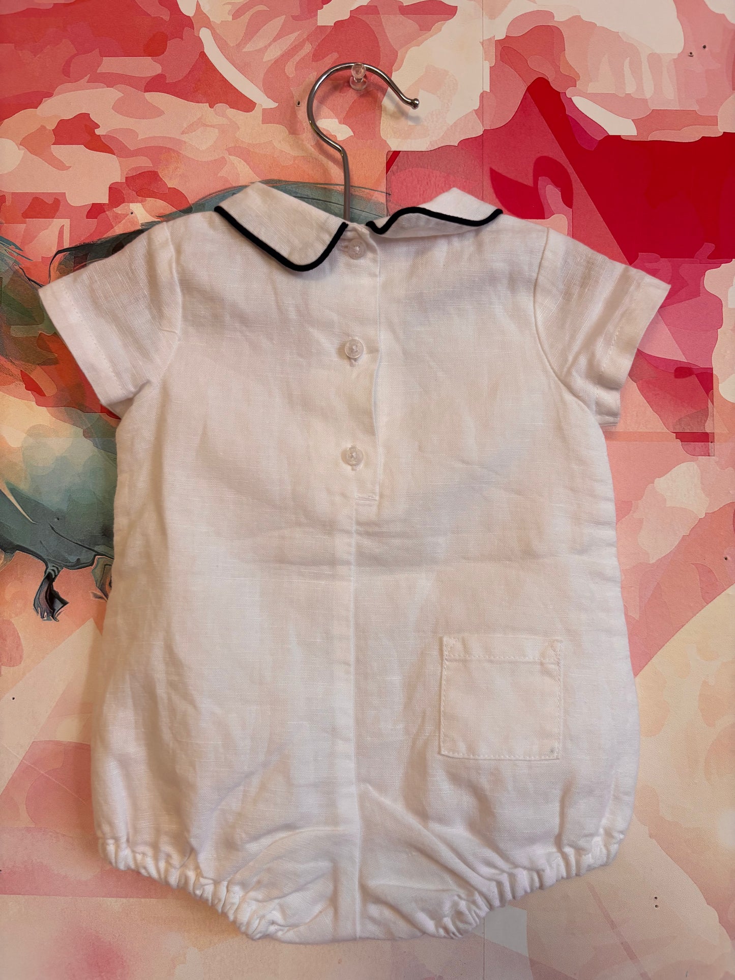 Janie & Jack White Short Sleeve Romper. Blue Piping & Buttons. New With Tags. Size 0-3m.
