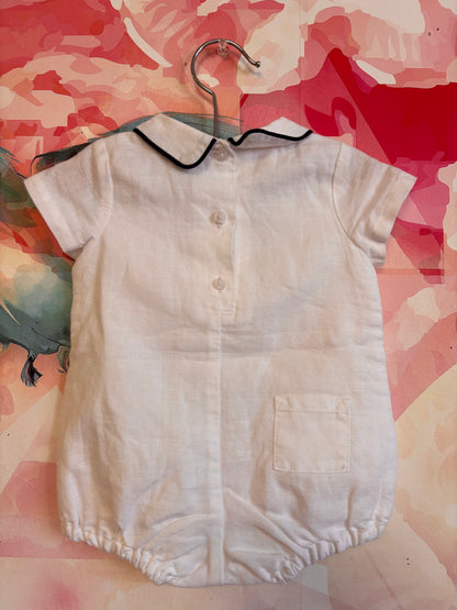 Janie & Jack White Short Sleeve Romper. Blue Piping & Buttons. New With Tags. Size 0-3m.
