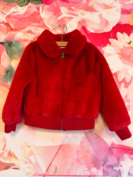 Hanna Andersson red faux fur bomber jacket with satin lining. Size 4T