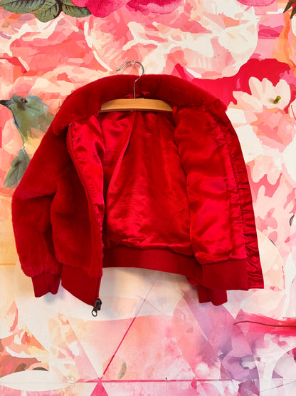 Hanna Andersson Red Faux Fur Bomber Jacket. Satin Lining. Size 4T.